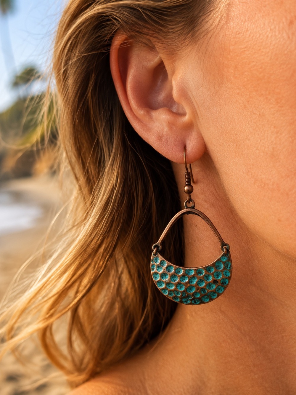 Turquoise Patina Copper Dangle Earrings Hammered Boho Western Teardrop